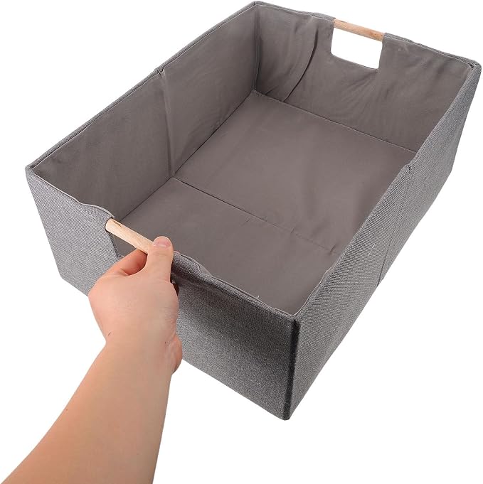 Foldable Fabric Storage Basket for Clothes, Rectangular Cloth Organizer with Wood Handles, Sturdy and Portable Clothing Storage Holder for Bedroom and Underbed Use,