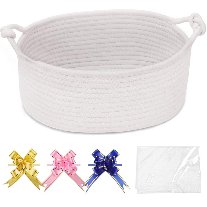COMSE Small Gift Basket Empty with Bag & Ribbons, Solid White | Cotton Rope, 12"x 8"x 5", Pet Toy Storage Organizer, Woven Basket for Birthdays, Baby Showers, Mother’s Day, Valentine’s Day