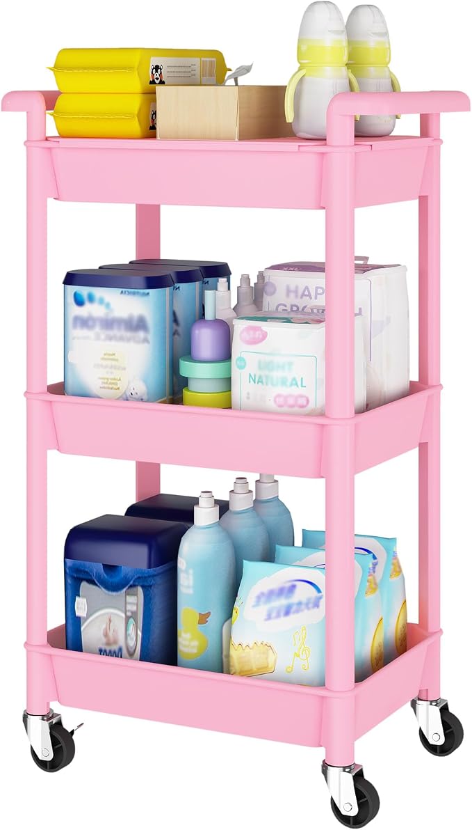 Steehoom 3-Tier Utility Rolling Cart with Cover Top Board, Mobile Utility Cart with Lockable Casters Multi-Functional Storage Trolley for Office, Bathroom, Kitchen, Garden, Laundry Room (Pink)