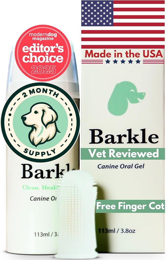 Barkle Vet Reviewed Dog Teeth Cleaning Gel Kit | Eliminate Plaque, Tartar & Bad Breath | Mint Dog Breath Freshener Gel | Puppy & Small Breed Safe | Free Finger Cot Brush (Tube is a 60 Day Supply)