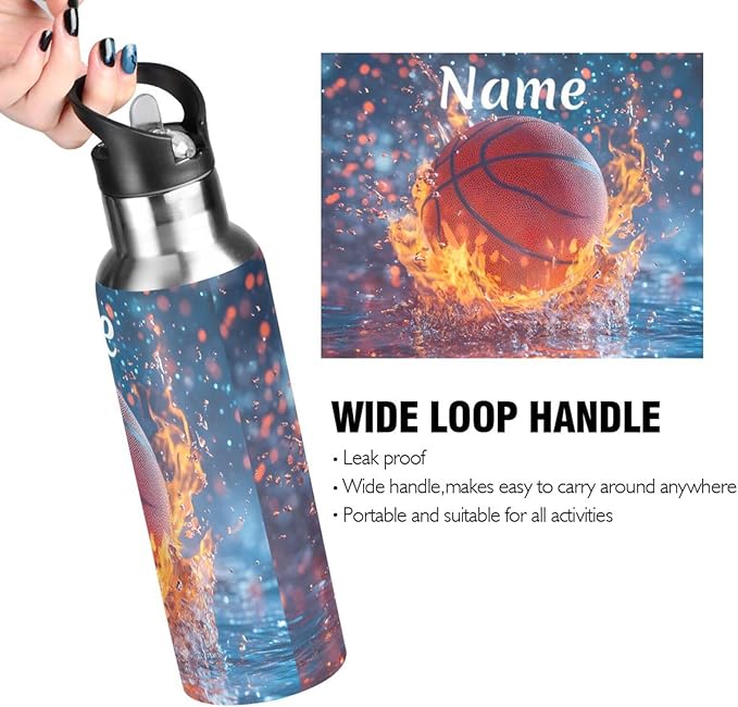 Custom Name Basketball Ball Fire Water Splash Water Bottle with Straw Lid Kids Insulated Stainless Steel Water Flask Sports, 20 Oz Hot Cold