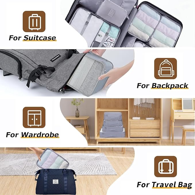 LANSKLBD 6/8 Set Packing Cubes for Suitcases Travel Luggage Packing Organizers,Travel Accessories Essentials Luggage Organizer with Shoe/Tioletry/Laundry Bag (Grey, 8 set)