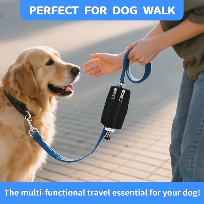 Dog Poop Bag Holder with Treat Pouch, 2 Zipper Pockets & Leash Clip | Waste Bag Dispenser with 1 Roll Poop Bags, Quick Access Treat Storage, Hands-Free Design for Dog Walking, Training & Travel