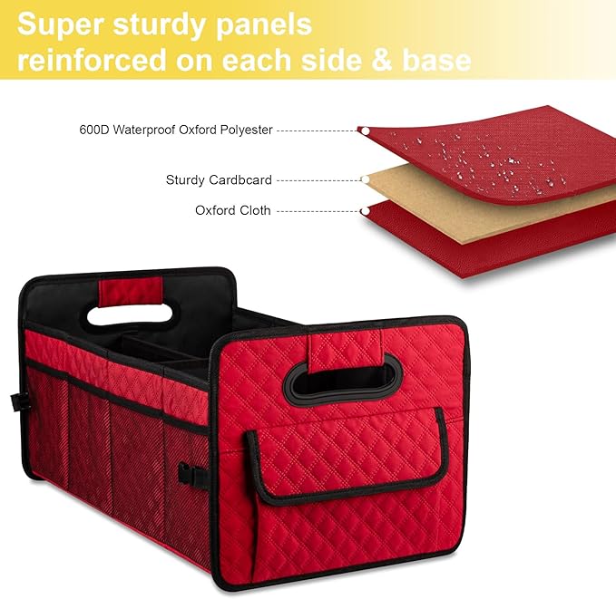 JiatuA Car Trunk Organizer for SUV, Collapsible Car Storage Organizer Red | Sturdy, Large Capacity, Diamond Decor, Multi Compartment Container Box Adjustable Car Accessories for Sedan Truck