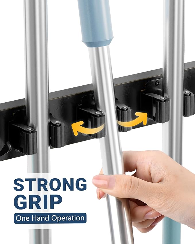 Lorbro Broom Holder Door Mount, Wood Over the Door Broom and Mop Holder | 4 Slots 4 Hooks, No Drill Setup, EVA Protection Pads, Secure Grip, Laundry Garage Closet Kitchen Use, Black