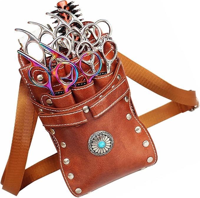 Hairstylist Waist Bag, 7-Slot PU Leather Barber Scissors Tool Bag Shear Holder, Detachable Hair Cutting Organizer for Combs, Clippers, and Spray Bottles (Coffee)