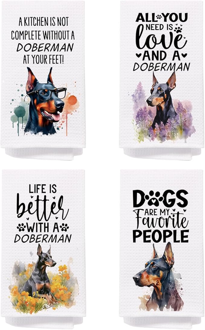 SPBL&L Doberman Dog Kitchen Towels Set of 4, Doberman Gifts for Women, Doberman Decor Tea Dish Towels for Kitchen, Doberman Dog Decorative Hand Towels for Bathroom, 16x24 Inches