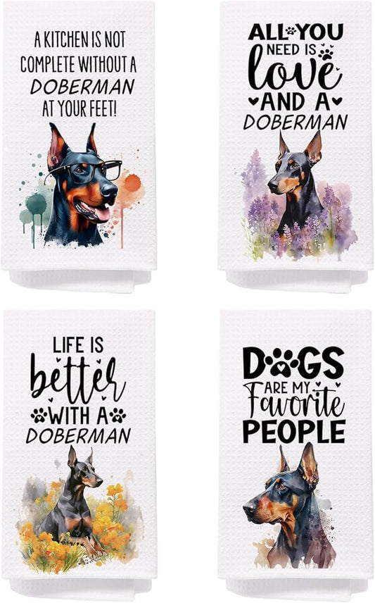SPBL&L Doberman Dog Kitchen Towels Set of 4, Doberman Gifts for Women, Doberman Decor Tea Dish Towels for Kitchen, Doberman Dog Decorative Hand Towels for Bathroom, 16x24 Inches