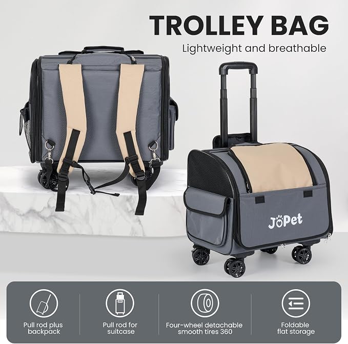 Pet Bag Carrier with Wheels, Pet Backpack with Wheels, Small Dog Carrier, cat Carrier, Detachable Wheels, Travel Bag, Pet Trolley, Soft Sided Carrier with Wheels, Foldable Carrier (Olive Green)