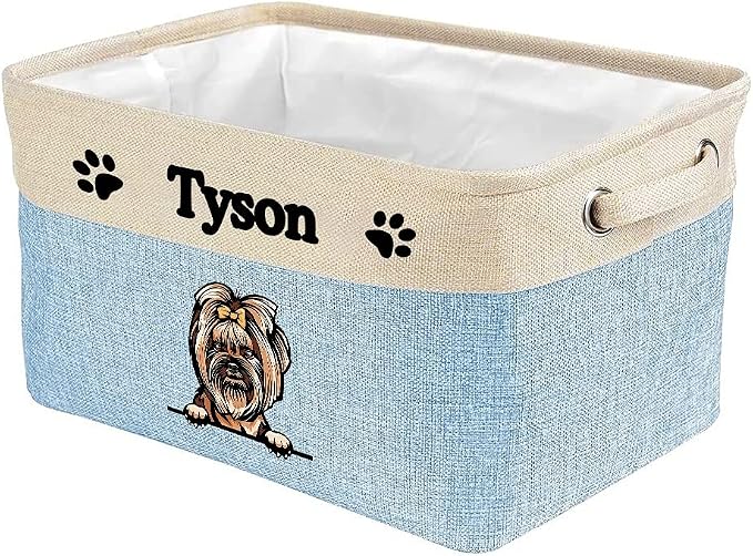 Personalized Fabric Dog Toy Storage Basket with Lovely Dog Yorkie Collapsible Sturdy Fabric Pet Toys Storage Bin Cube with Handles for Organizing, Blue amd White