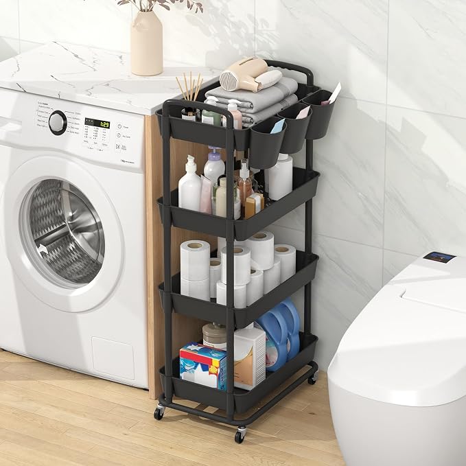 4-Tier Plastic Rolling Storage Cart Utility Cart with Extra Hanging Cups Handles Lockable Wheels for Living Room Bathroom Kitchen Office Black | Utility Cart with Extra Hanging Cups Arc-Shaped Handles Lockable Wheels for Living Room Bathroom Kitchen Of...
