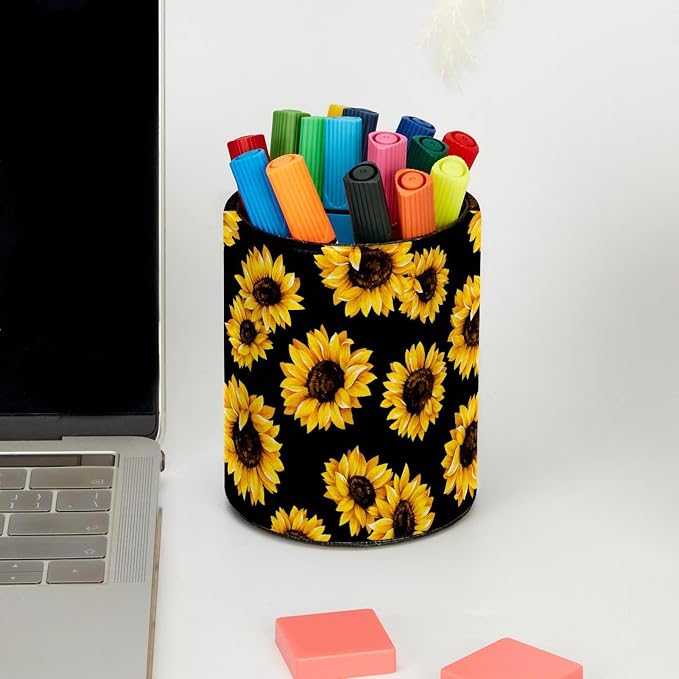 Pen Holder Pencil Holder for desk, Round Desktop Organizer Sunflower Black Pattern Pencil Cup for Office, School, Home and Stationary Supplies