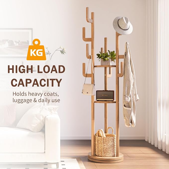 Yoobure Rotary Coat Rack Freestanding - Solid Wood Coat Tree with 9 hooks & 3 Storage Shelves for Purse, Bag, Jacket, Hat, Corner Hanger Stand Racks for Hall, Entryway, Office, Modern Clothes Holder