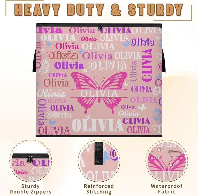 Custom Storage Baskets Cubes for Home with Name, Pale Pink Background Butterflies Large Foldable Organizer Collapsible Storage Bins for Home Blanket Comforters Clothes Closet Nursery