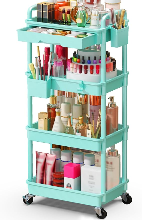SUNALLY Makeup Cart Organizer with Drawer, 4 Tier Rolling Makeup Cart, Blue | Rolling Vanity Storage for Skin Care Perfume Nail Polish, Floor Skincare Organizers Cosmetics Display Bathroom Storage Cart