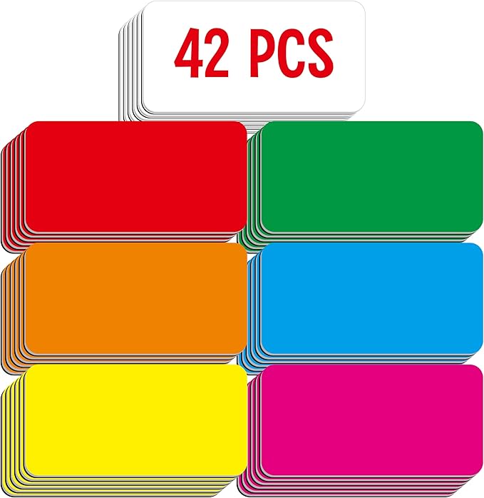 42 PCS Magnetic Name Tag Labels, 7 Colors Dry Erase Reusable Name Stickers for Whiteboard, Locker, Fridge, Metal Surfaces, School Office Home (Each Measures 2" x 4")
