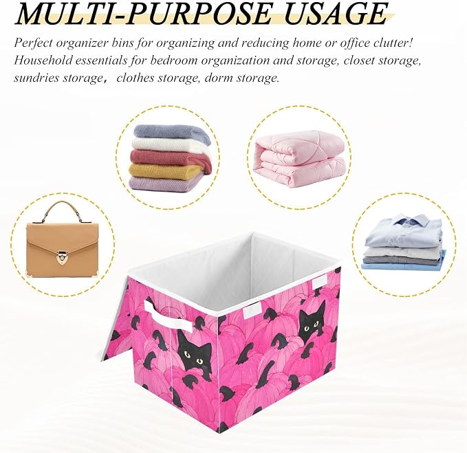Fabric Storage Bins with Lid Pink Pumpkin Closet Storage Basket 40L | Decorative Storage Boxes, 300D Oxford Cloth, Hollow Board Frame, Flip Top Velcro Lid, 16.5x12.6x11.8 inch, Collapsible Design