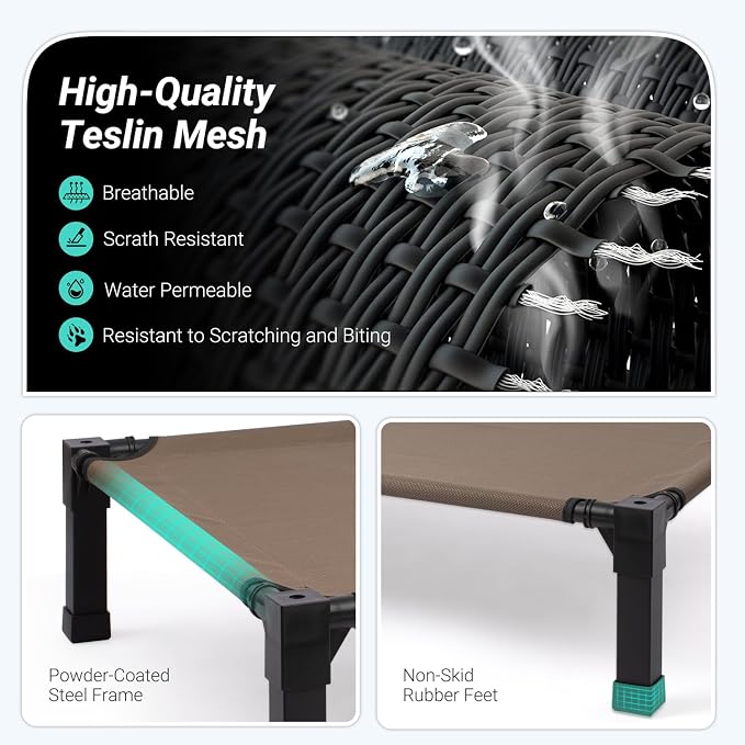 Elevated Outdoor Dog Bed, Raised Dog Bed with Steel Framed 42in | Cooling Elevated Pet Cot with Non-Slip Feet, and Waterproof, Washable, Breathable Teslin Mesh