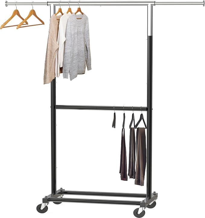 Simple Houseware Double Rod Adjustable Clothing Garment Rack, Black | Extendable Width from 30 to 48 Inches