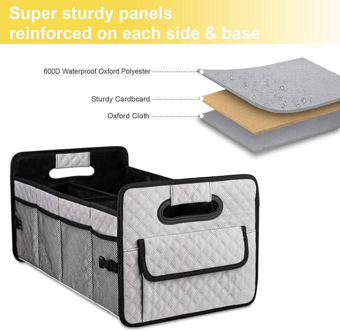 Car Trunk Organizer for SUV, Collapsible Car Storage Organizer Light Grey | Sturdy, Large Capacity, Diamond Decor, Multi Compartment Container Box Adjustable Car Accessories for Sedan Truck