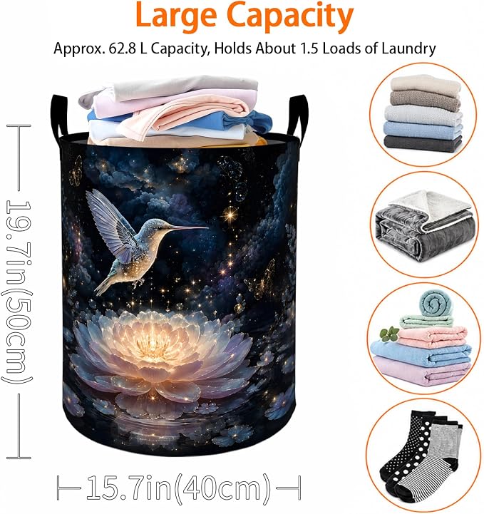 Bird Hummingbird Laundry Basket, Glowing Lotus Flower Oxford Cloth Dirty Clothes Collapsible Hamper for Room Decor, Nature Gifts, Toy Organizer 19.7 x 15.7 Inches for Bedroom Bathroom Dorm