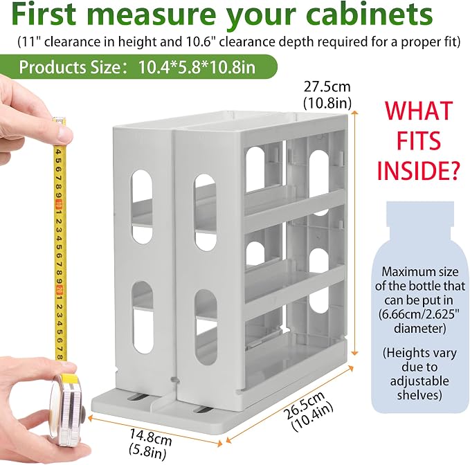 Dutiplus Spice Rack Organizer 3 tier Seasoning Holder, Pull and Rotated Storage Cabinet for Kitchen Bathroom Countertop 10.8”H x 5.8”W x 10.4”D (Advance Gray)