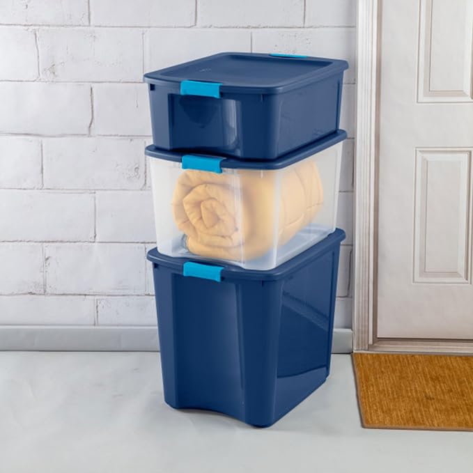 Sterilite 18 Gal Latch and Carry, Stackable Storage Bin with Latching Lid, Plastic Container to Organize Closets, Clear with Blue, 18-Pack