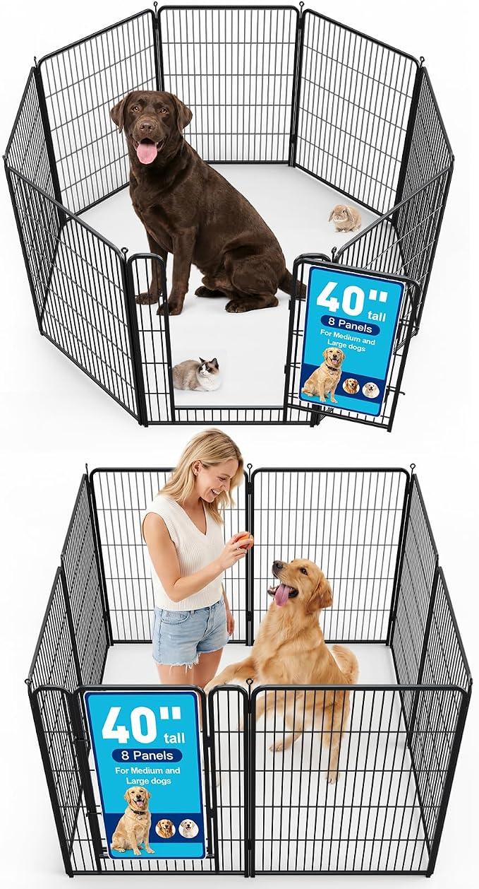 Metal Dog Playpen - 40" Height 8 Panels Foldable Exercise Pen for Dogs Indoor/Outdoor Pen with Door for Pet Animals Portable Pet Playpen Polygon Dog Enclosure (Black)