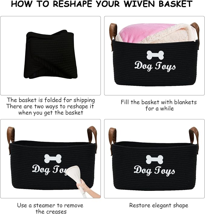X-Large Cotton Rope Dog Basket with Leather handle Blanket Storage Basket Decorative Clothes Hamper Basket | Extra Large Baskets for Blankets or Laundry-Black