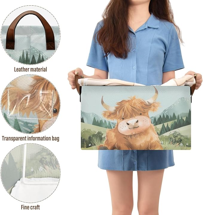 Cute Highland Cow Green Grass Baby Storage Basket with Labels&Handles Rectangular Nursery Storage Bins Collapsible Shelf Organizer Baskets for Kids Books Cloth Gift Basket Toys Laundry, 2 Pack
