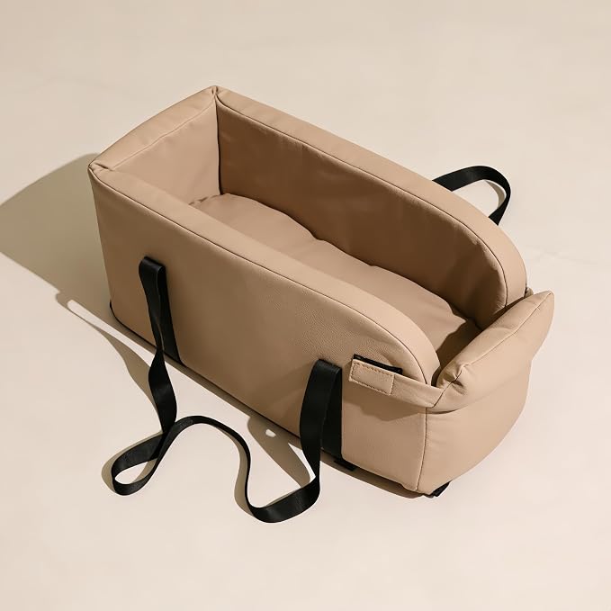 Center Console Dog Car Seat for Pets Up to 9 lb, Light Khaki | Water-resistant faux leather; 16.41 x 7.87 x 8.66 in; pets up to 11 in long. Measure your console before purchase.
