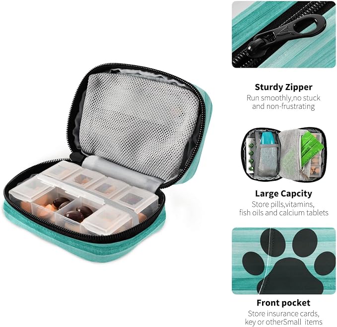 Teal Turquoise Wooden Striped Pill Case, Weekly Portable Dog Paw Pill Bag Container 7 Days Pill Box Organizer Vitamin Supplement Holder with Zipper for Travel Family Busines