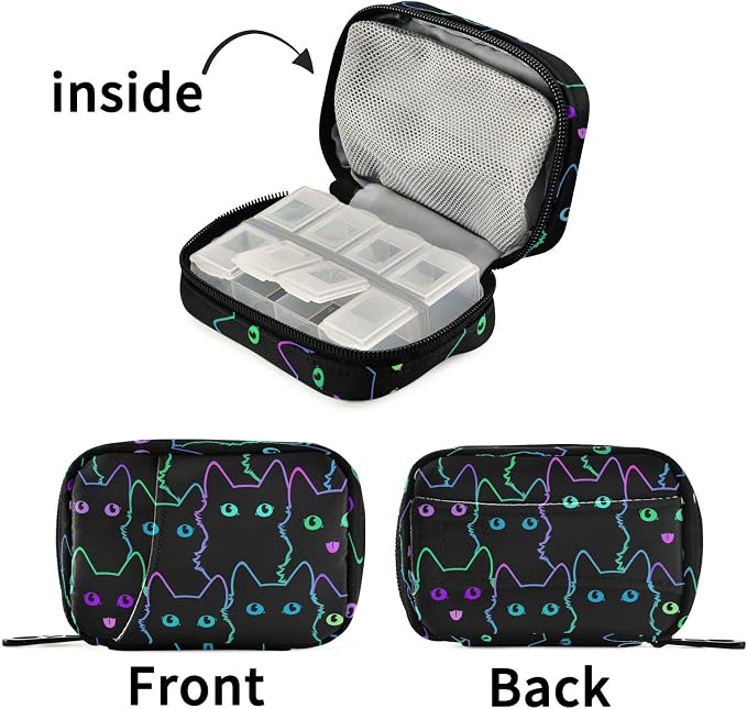 Neon Black Cat Pill Case, Portable Weekly Pill Box Bag Container 7 Days Pill Organizer Vitamin Supplement Holder with Zipper for Travel Family Business