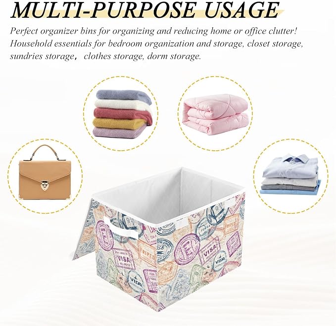 Passport Stamp Fabric Storage Bins with Lid Foldable Storage Boxes Baskets | Decorative Storage Boxes, Foldable & Stackable, Dust-Proof Flip Top, Reinforced Handles, For Home & Dorm, Clothes & Toy Box