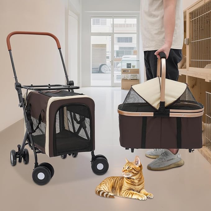 Double Dog Stroller for 2 Small & Medium Pets, Double Pet Stroller with Detachable Carriers, Foldable Dog Stroller for 2 Dogs, Two-Seater Carrier Dog Walk Jogger Travel Pet Carriage Cart (Coffee)
