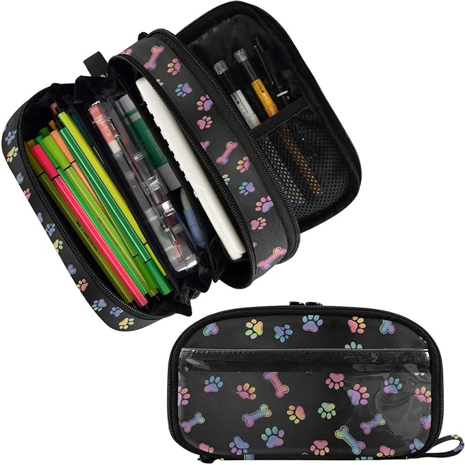 Pet Paw Black print Large Capacity Pencil Case with Zipper Water Resistant Portable Organizer Pen Bag for School Office Students