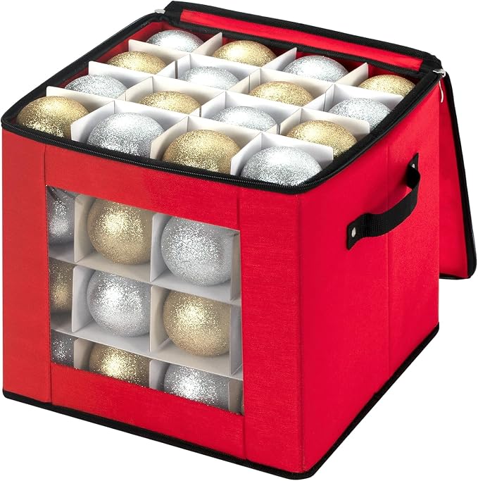 Christmas Ornament Storage Box with Adjustable Dividers, Premium Holiday Ornaments Storage Container Bin with Zippered Top for Xmas Decorations (64-3" Balls, Red, Without Tray)