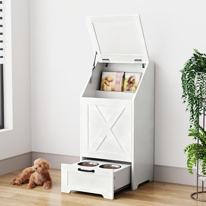 Dog Feeding Station with Storage Cabinet & 2 Elevated Bowls,White | All-in-one Pet Feeding Station: Sealed Food Bin + 2 Pull-out Elevated Bowls + Shelf + Side Hooks. Moisture-Proof.