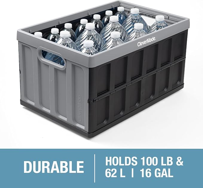 CleverMade Collapsible Storage Bins (with Lids), 62L, 3 Pack - Stone | Store Bigger Loads Under a Secure Lid | Each Bin Holds 100 lb, Stacks Neatly, and Folds to 2.5 Inches When Empty