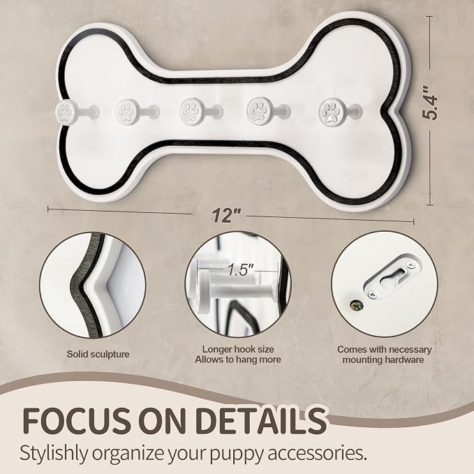 MTERSN Dog Leash Holder for Wall with Bone Shape, Entryway, Black & White