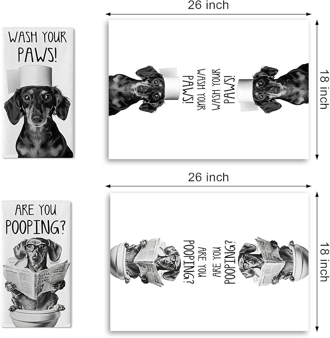 Funny Dachshund Dog Bathroom Kitchen Dish Towels Set of 2, are You Pooping Toilet Drying Hand Towel Baking Cooking Cloth, Wash Your Paws Hands Washroom Restroom Home Decoration 18'' x 26''