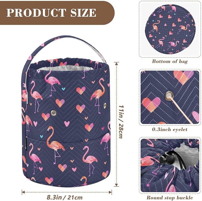 Fustylead Cute Pink Flamingo and Hearts Crochet Drawstring Organizer, Large Yarn Bag Storage Tote Basket for Crocheting On The Go, Kit Holder, Gift for Knitter, Crochet Beginner
