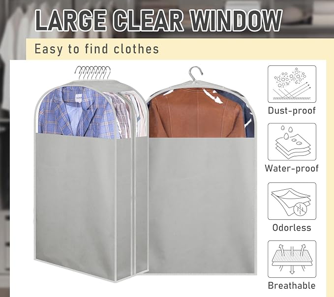 MISSLO 10" Gusseted Garment Bags for Hanging Clothes 32" Suit Bags for Closet Storage Clothing Covers for Shirts, Coats, 3 Packs, Grey