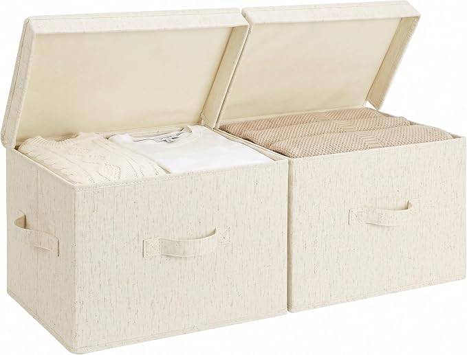 StorageWorks Fabric Storage Bins with Lids, Closet Storage Bins | Flip-Top Lid, 3 Handles, Collapsible, Stackable, for Clothes Blankets, Multi-Purpose, Large, Rustic Linen, 2-Pack