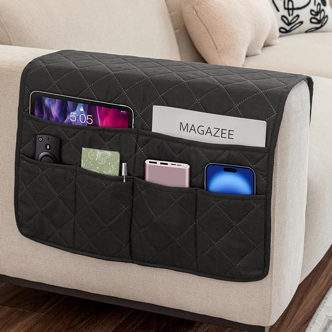 Remote Control Holder for Recliner Armchair Caddy Couch Armrest Organizer, Non-Slip Arm Chair Bedside Caddy Storage Organizer for Recliner Couch With 6 Pockets for Magazine, Phone, iPad (Black)