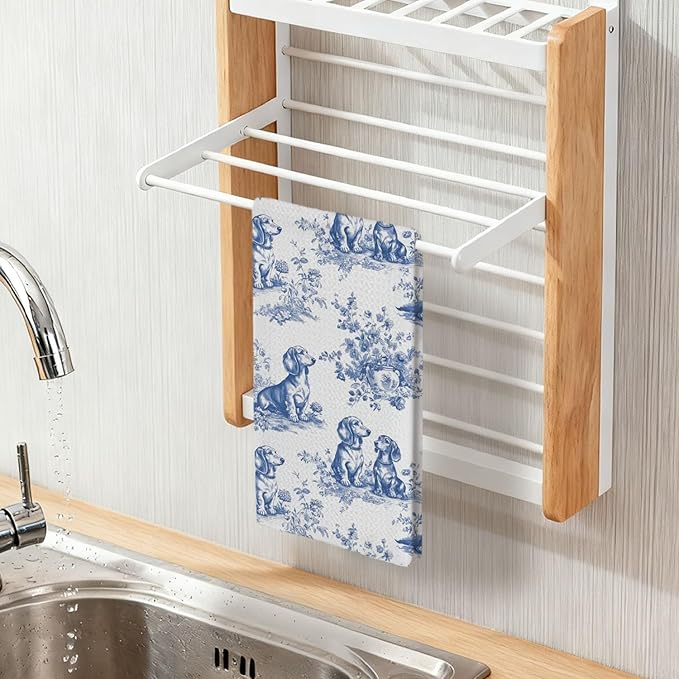 Long Haired Dachshund Kitchen Dish Towels,Blue and White Floral Dog Towel Dish Tea Towels, Chinoiserie Decor for Kitchen Bathroom,Weiner Gifts for Dog Lover Mom Dad,16x24 Inch