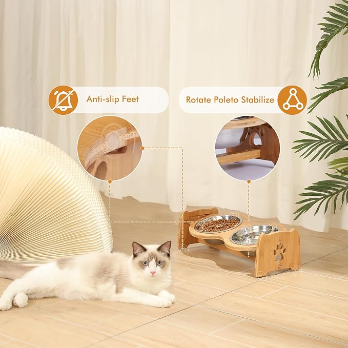 X-ZONE PET Elevated Dog Bowls for Cats and Dogs, Adjustable Bamboo Raised Dog Bowls for Small Dog, Food and Water Set Stand Feeder with 2 Stainless Steel Bowls and Anti Slip Feet (Height 4" to 4.5")