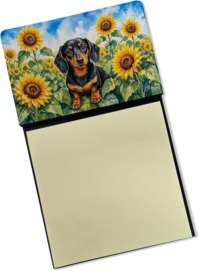 Caroline's Treasures Dachshund in Sunflowers Watercolor Sticky Note Holder Refillable Dispenser Desk Accessory 3x3 Pad Gift