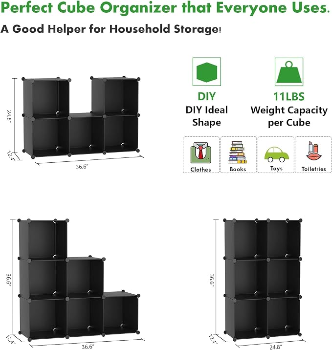 C&AHOME 6-Cube Storage Organizer Cube Shelf Closet Storage Bookcase, Black | Stackable Cubby Storage, Bookshelf, Portable Plastic Storage Closet Organizer, DIY Modular Shelving Units for Home, Wardrobe