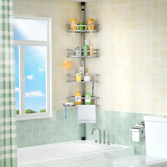 HAMITOR Corner Shower Caddy Tension Pole: Rustproof 4-Tier Bathroom Organizer Shelves for Bathtub Shampoo Storage - 47-121 Inch Quick Install Adjustable Rod Standing Rack with Soap Rack - Silver Gray | Rustproof Organizer 4-Tier Shelves , 47-121 In Rod...